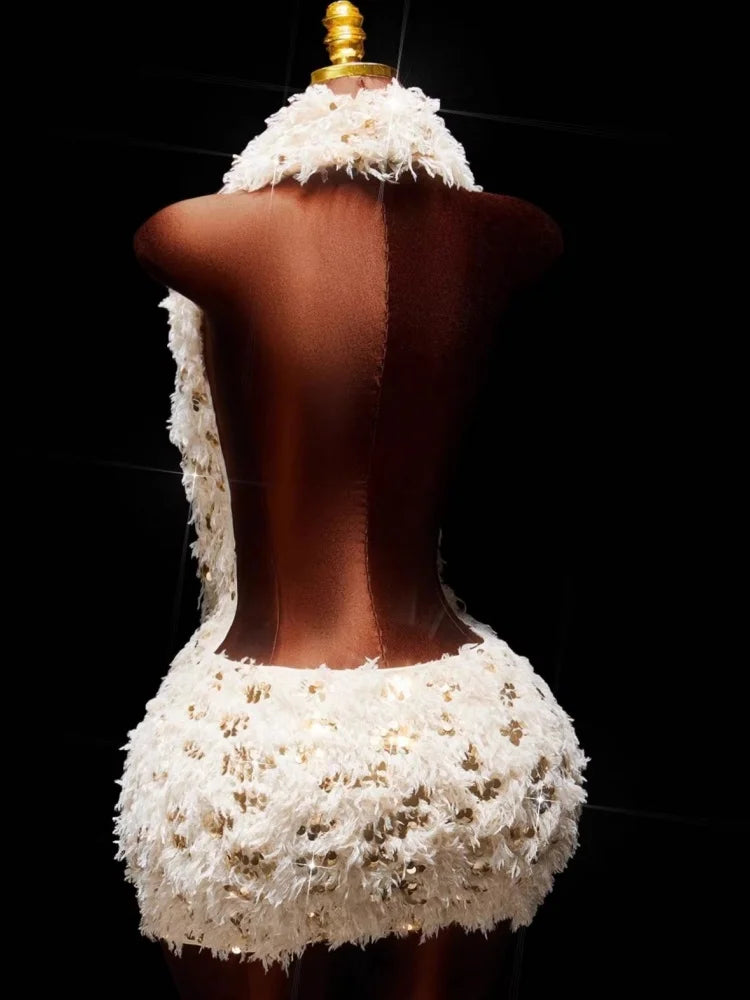 Solid  Stylish Hugging Sexy Beaded Halter Top Revealing Backpack Short Skirt Dress