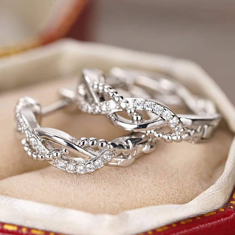 Silver Color Twist Design Hoop Earrings with Dazzling CZ