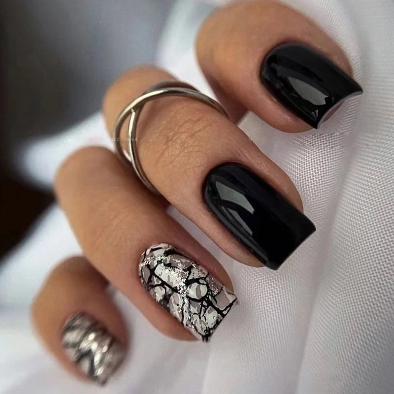 24Pcs Mid-length Square Press-On Nails with Golden Butterfly Design