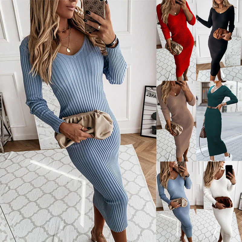 V-neck Solid Color Long Sleeve Knit Dress