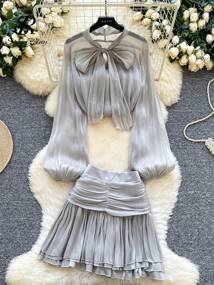 French Style Lace Up Bow Tops+Mini Draped Skirts 2Pcs Sets