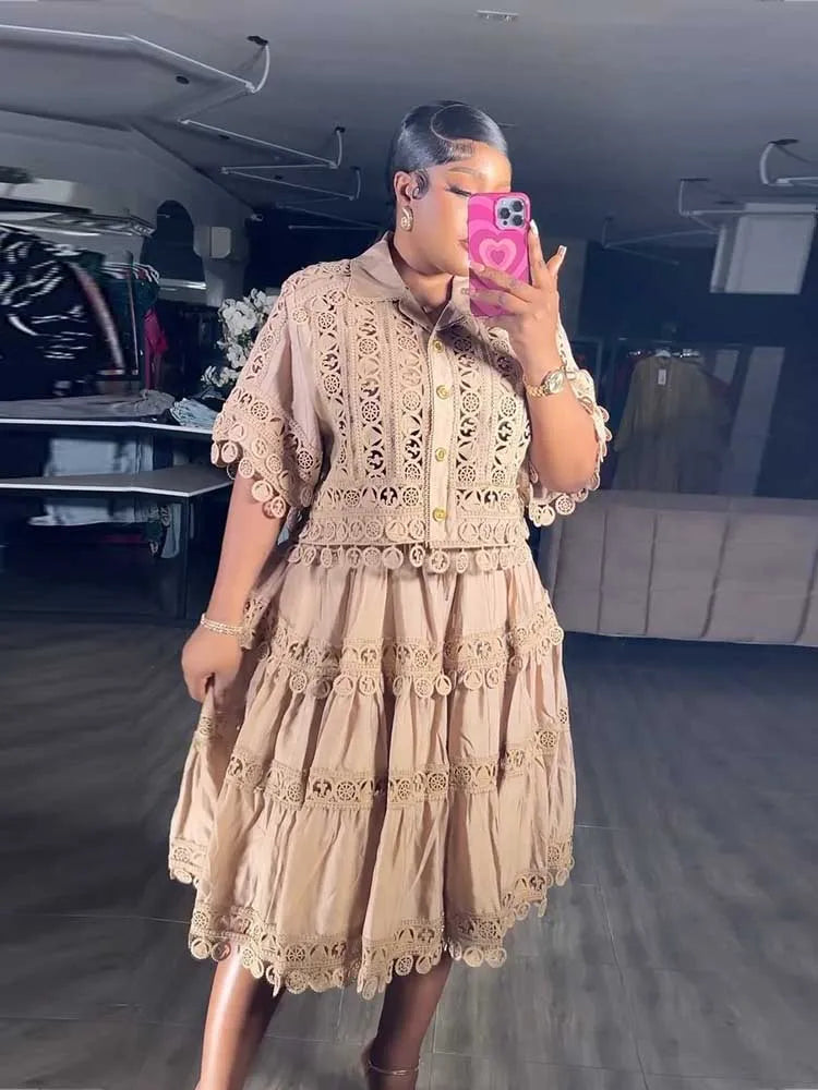Summer Color Elegant Shirt Skirt Set