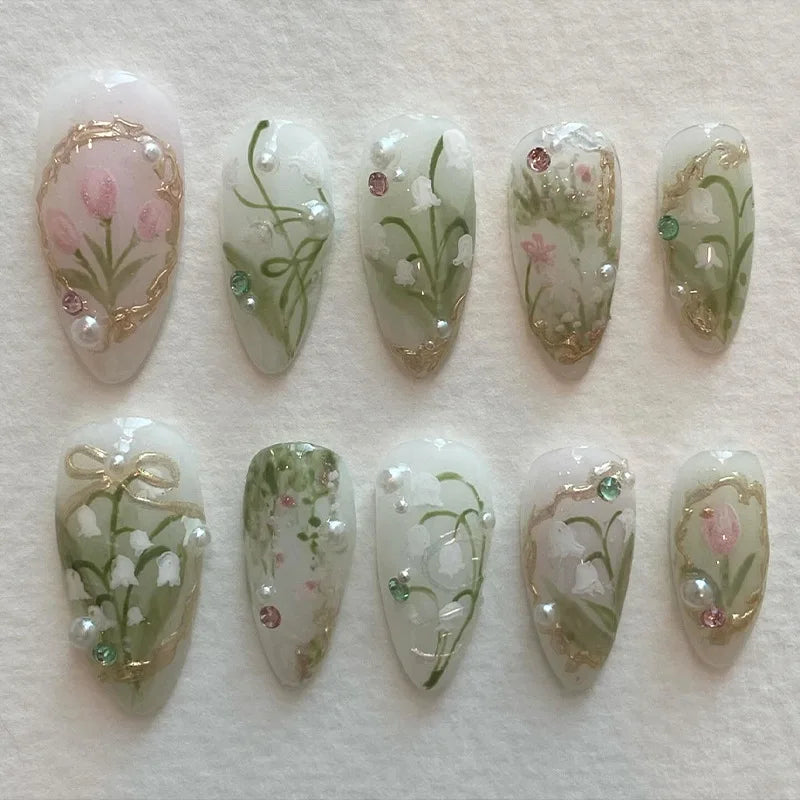 24Pcs Simple Almond Fake Nails with Green Leaves Design