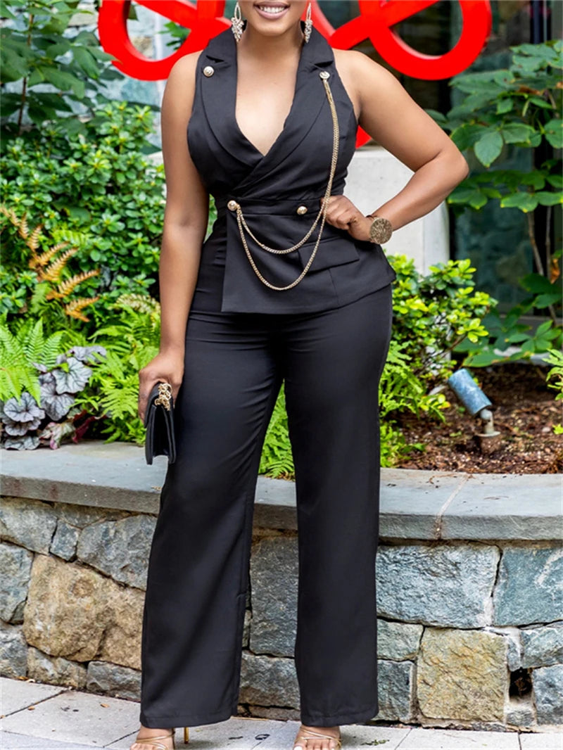 Summer Sleeveless V-Neck Straight Pants Jumpsuits