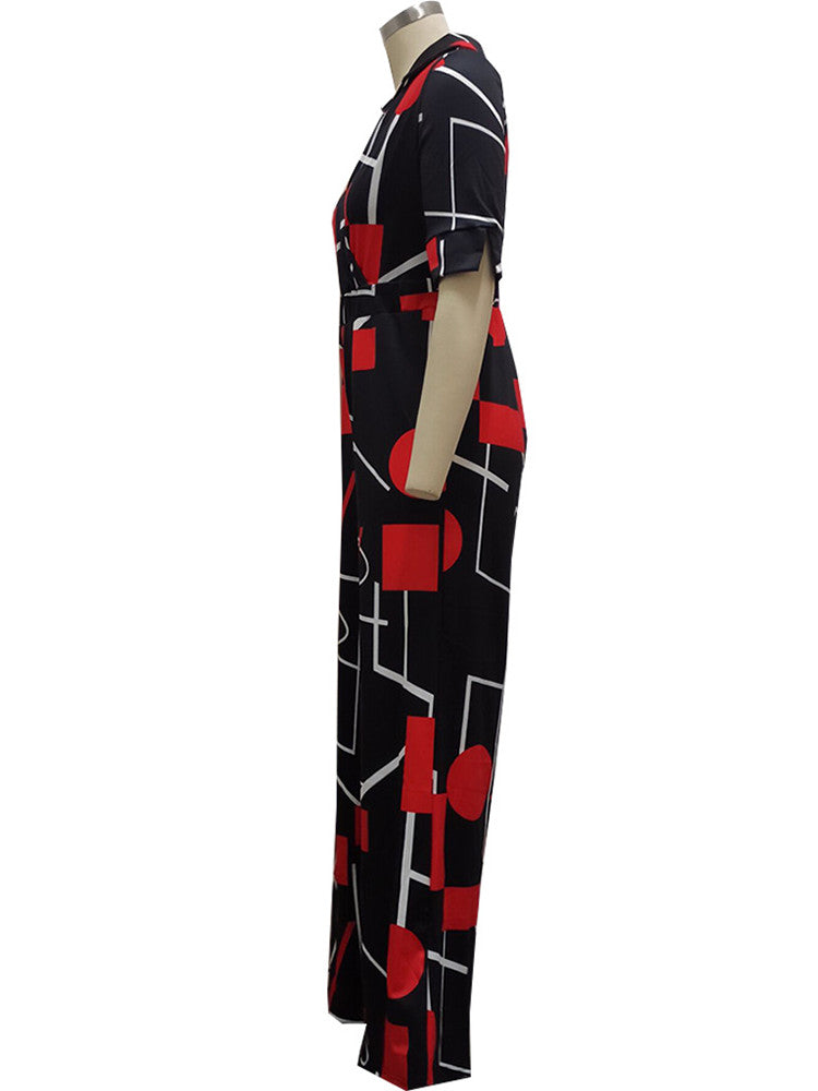 Aesthetic Print Chic Turn Down Collar Half Sleeve Wide Leg Jumpsuit