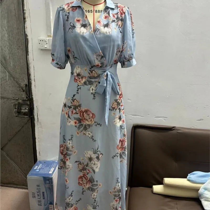 Women’s V‑Neck Ruffle Short Sleeve Floral Chiffon Maxi Dress