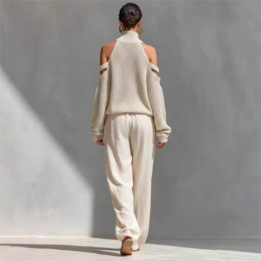Fashion High Collar Off-Shoulder Knitted 2‑Piece Set – Sexy Hollow Top & Loose Wide-Leg Trousers