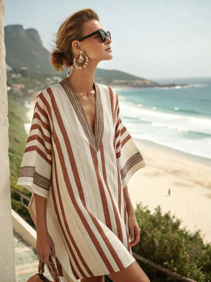 2025 Summer V-Neck Floral Print Loose Beach Dress