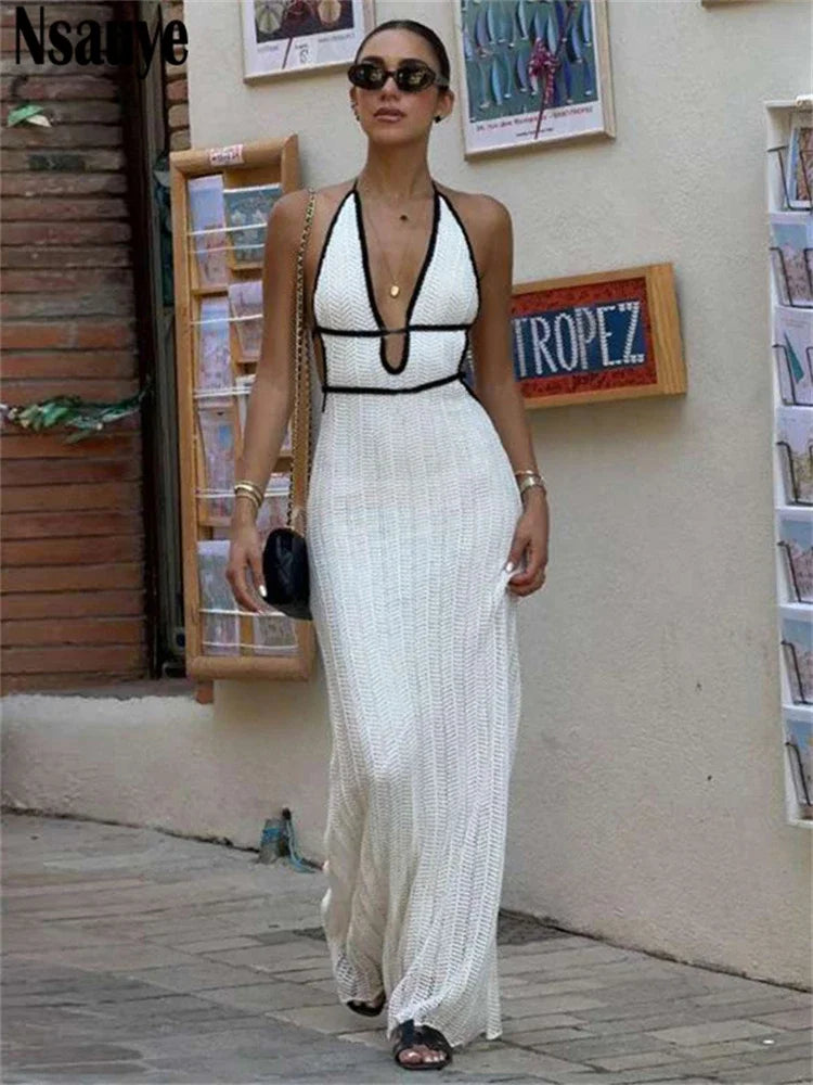 Casual Knitted Hollow Out  Halter Fashion Maxi Dress
