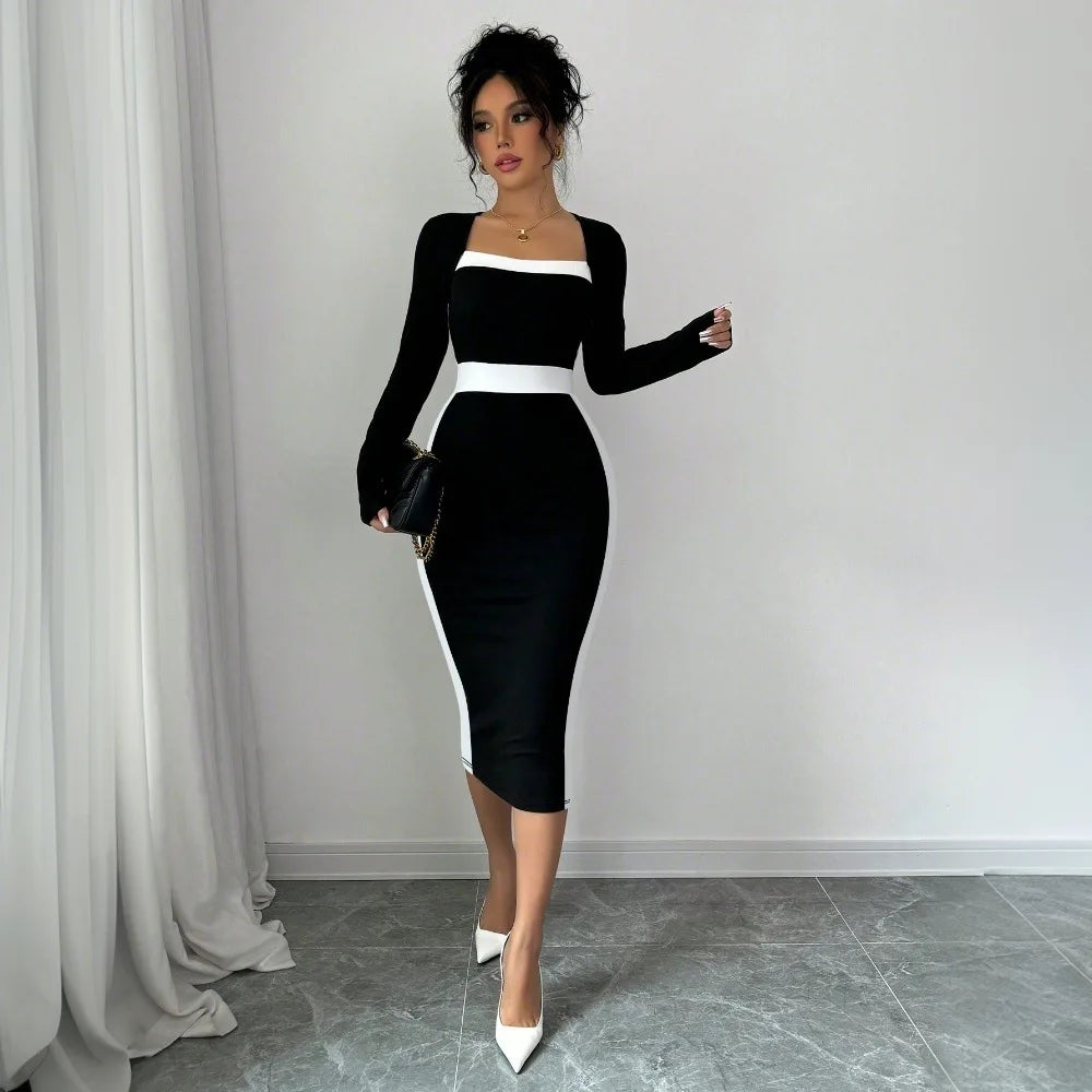 Autumn Winter Square Neck High Waist Long Knitted Dress