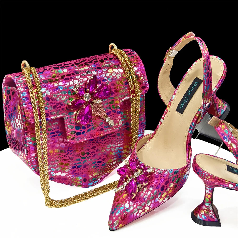 Champagne Color Thin Heels Pointed Toe Crystal Design Ladies Shoes Matching Bag Set