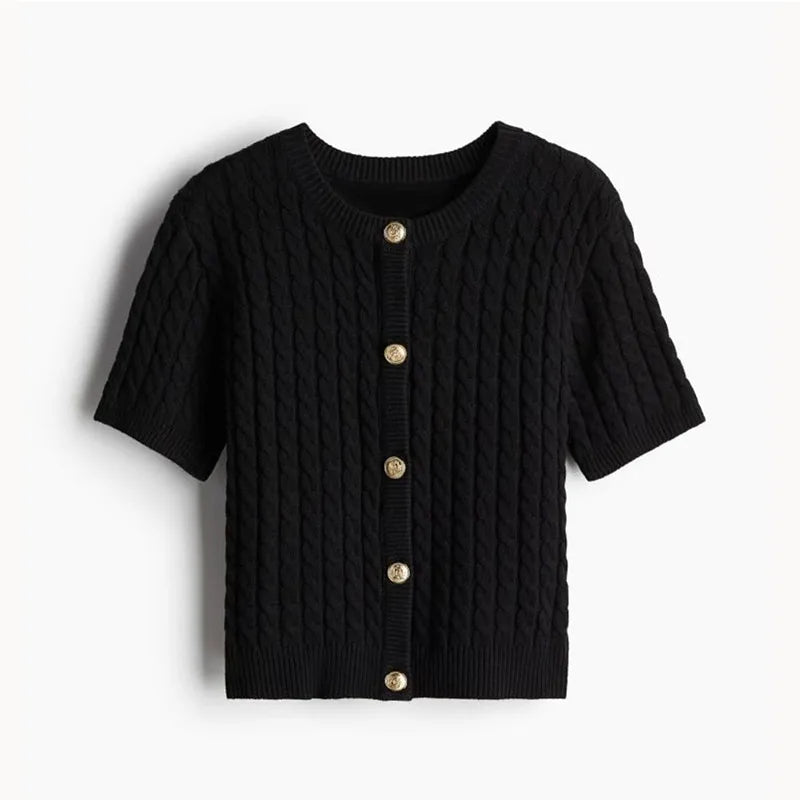 Solid O-neck Single Breasted Criss-cross Casual Knitted Short Sleeve Cardigan