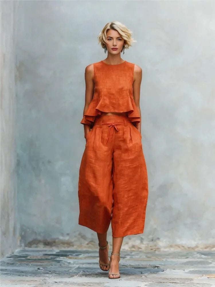 New Linen Ruffled Crop Vest & 9/10 Wide-Leg Pants Set – Effortless Chic, All Day Comfort