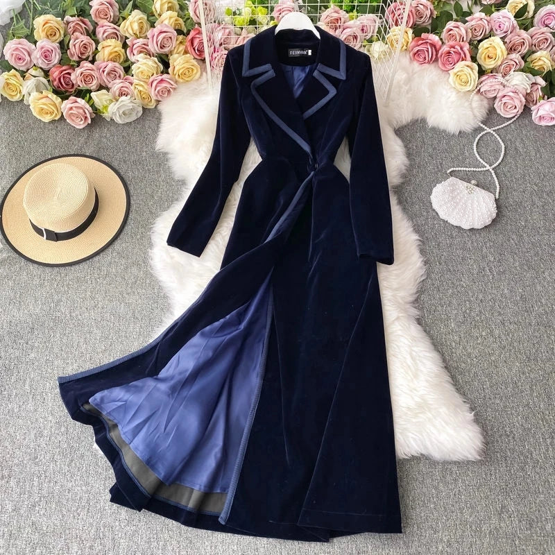 Autumn And Winter  Long Over The Knee Velvet Blazer Dress