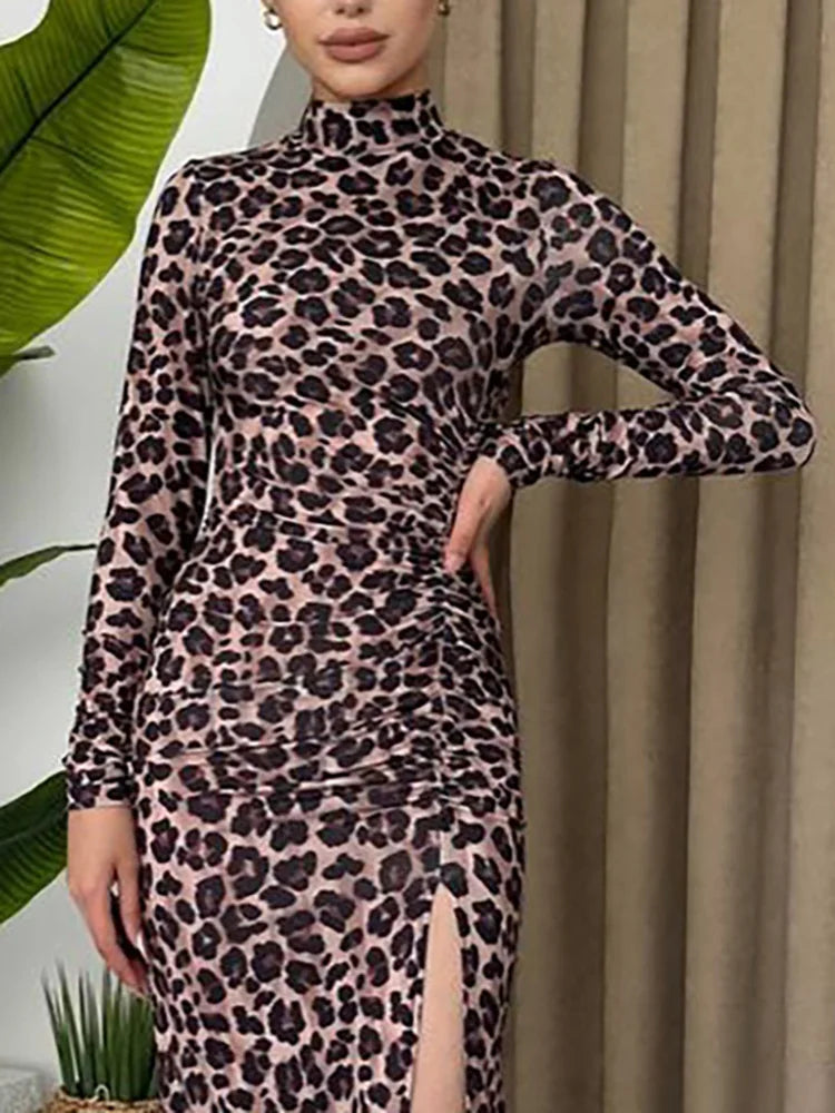 Half High Collar Leopard Print Sheath Dress