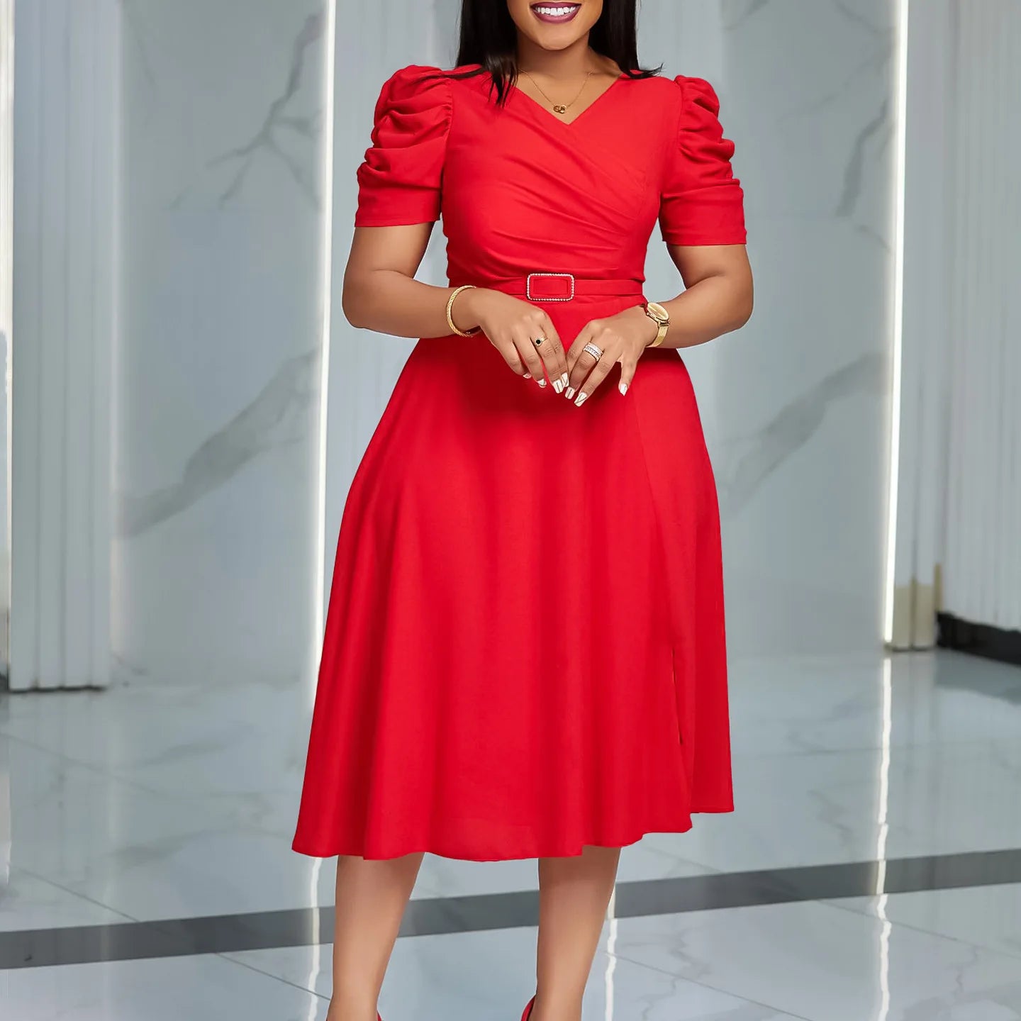 Summer Solid Plus Size Short Sleeve Slim Belt Tight Curvy Dress