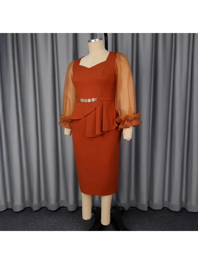 Elegant 2026 Summer African Long Sleeve V-neck Mesh Polyester Bodycon Midi Dress