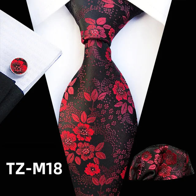 Floral  Neck Tie Set Handkerchief Brooch Cufflinks Men Accessories