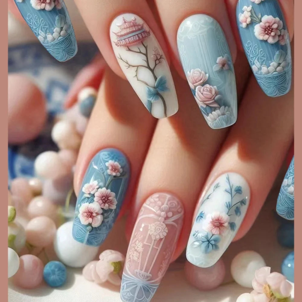 24pcs Mid-length  Flower Design Stick on Fake Nail