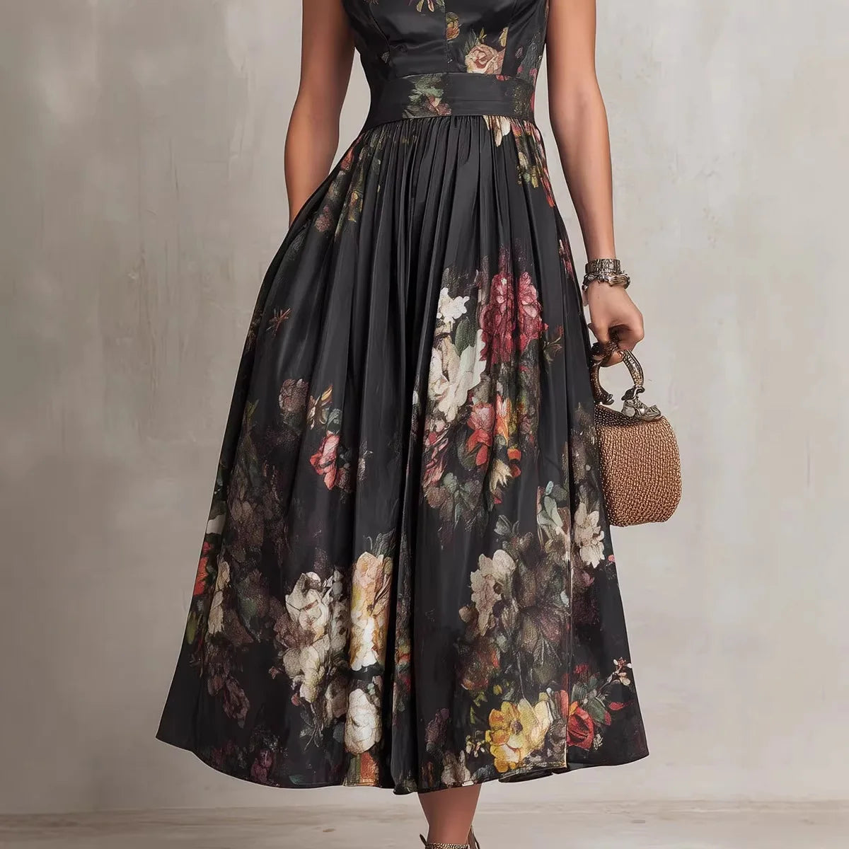 Spring Sleeveless Black Floral Long Dress