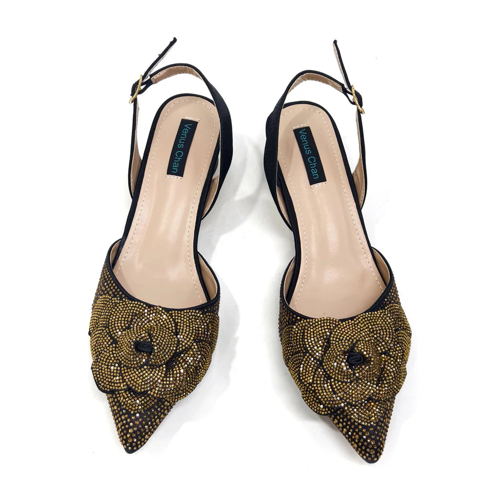 Pointed-Toe Large Flower Decoration Rhinestone Low Heel Italian Design Shoes and Bags Set