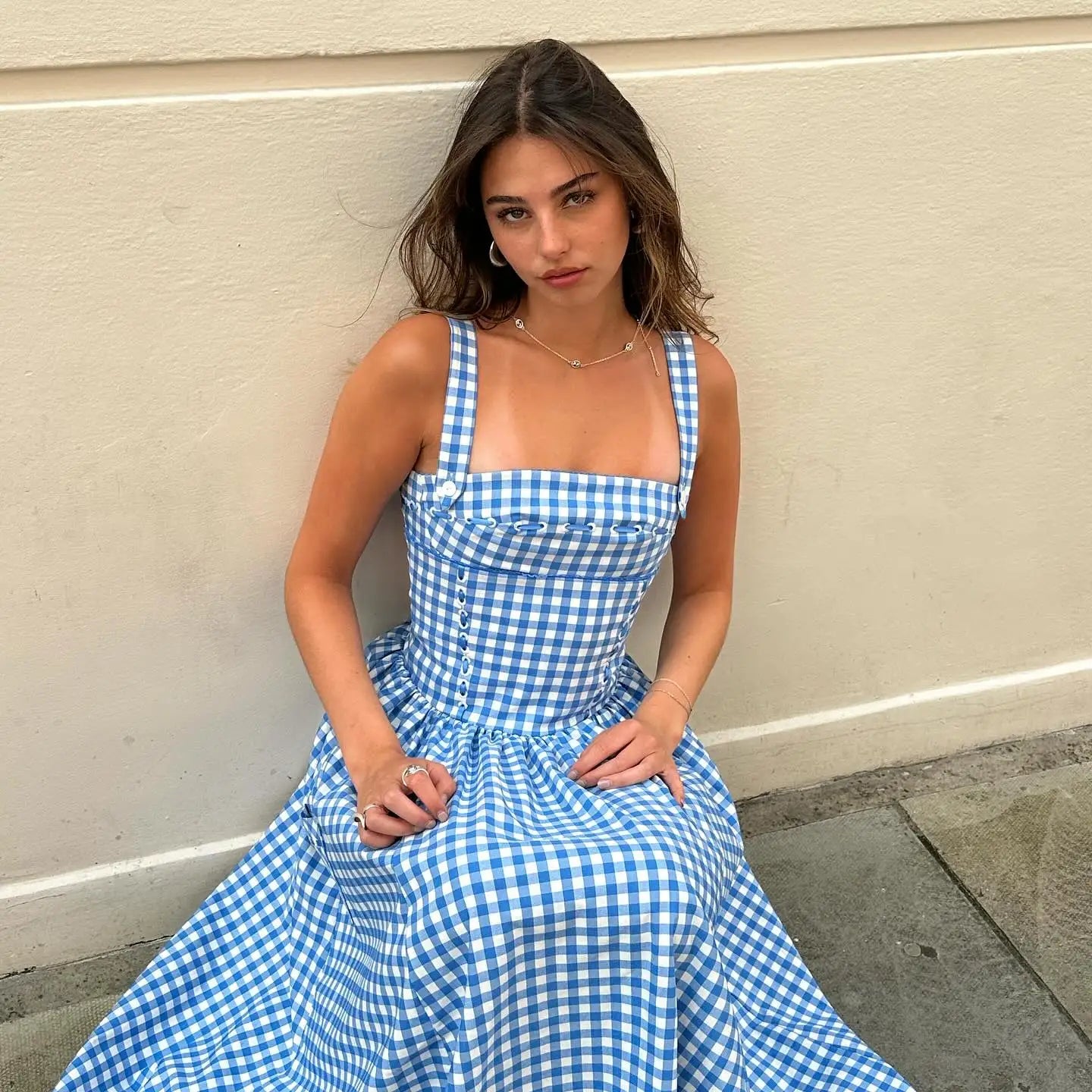 Midi Blue and White Plaid Dress with Pocket