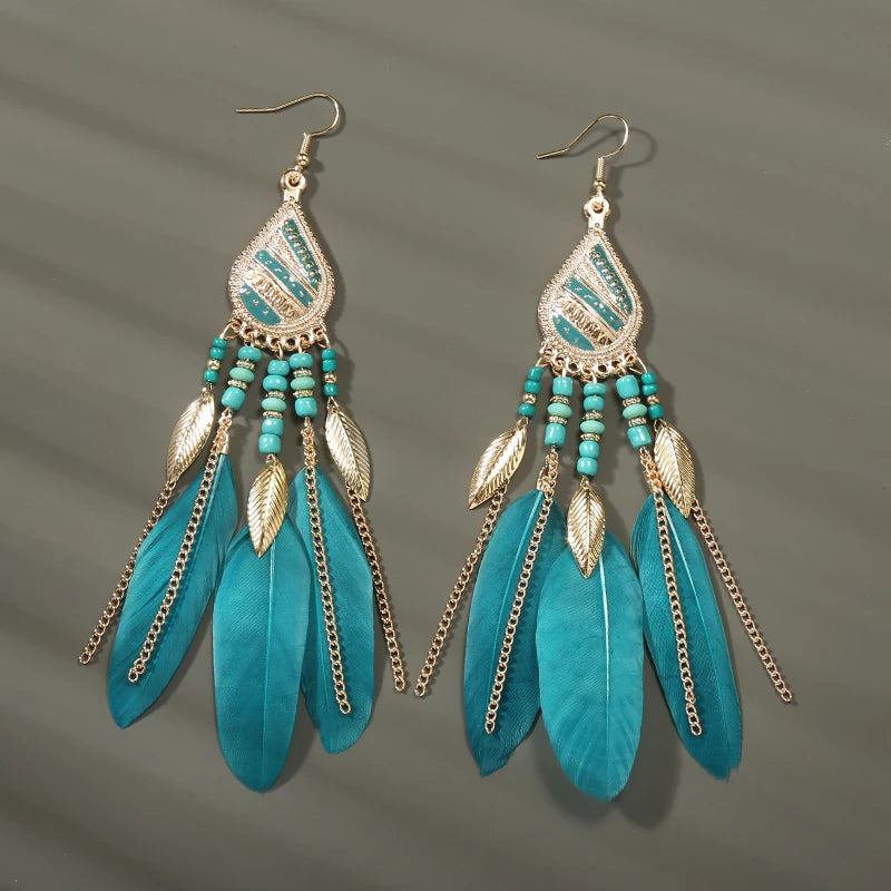 Boho Long Feather Dangle Earrings – Handmade Tassel & Enamel Flower Statement Jewelry for Women