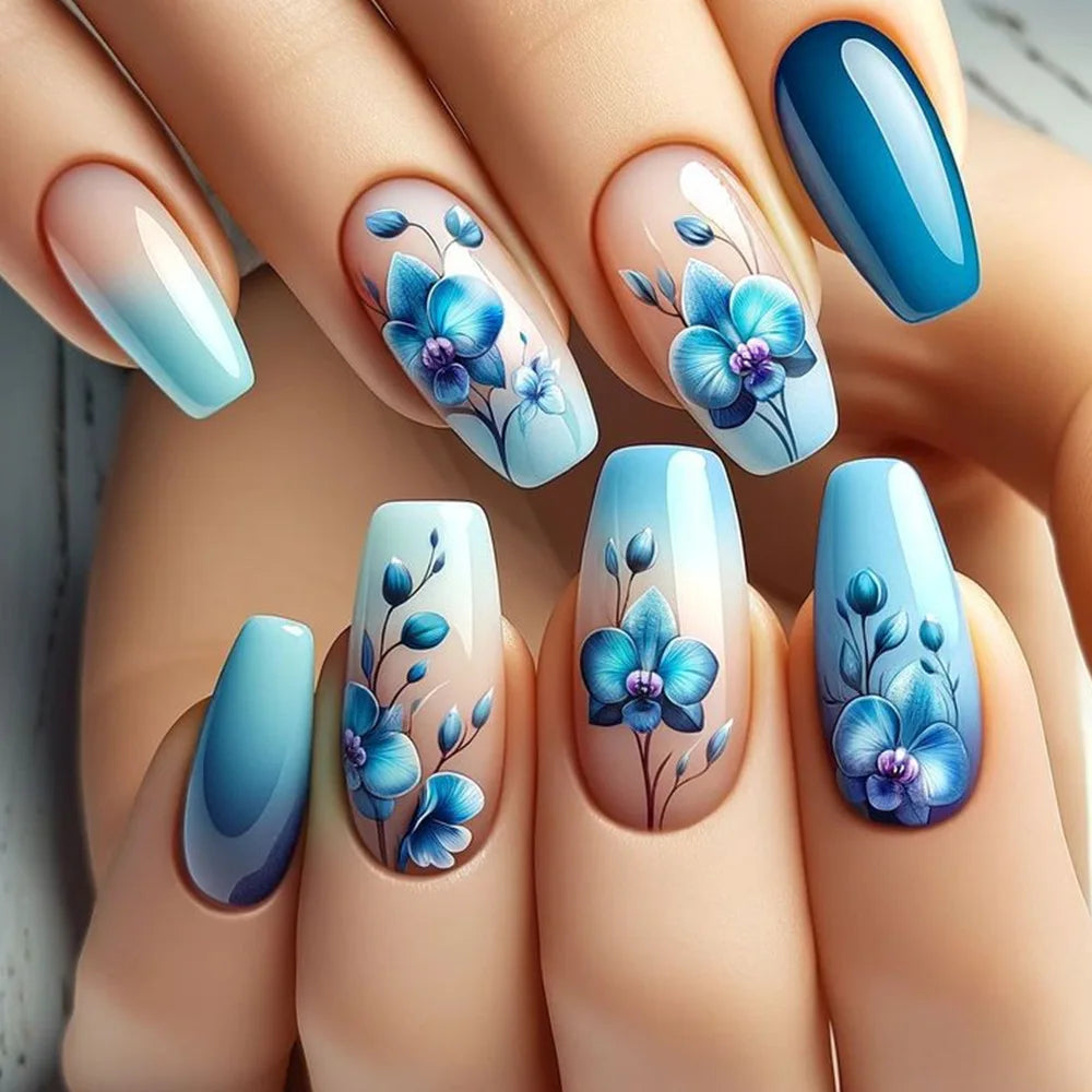 24pcs Mid-length  Flower Design Stick on Fake Nail