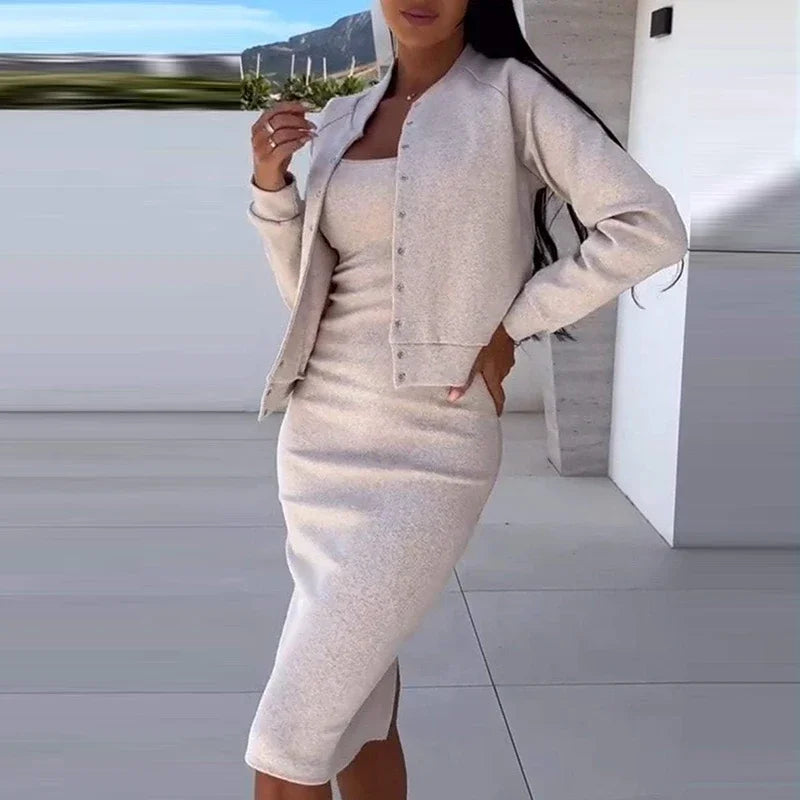 Autumn Winter  Elegant Solid Bodycon Dresses Coat Matching Set