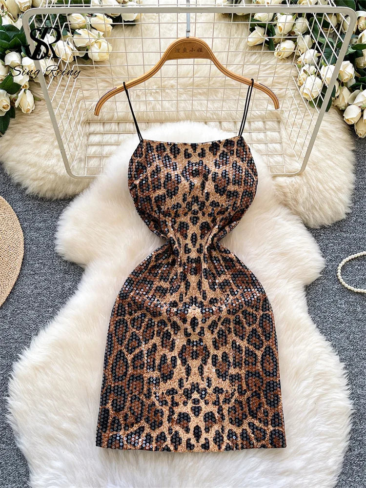 Sexy Leopard 2026 Summer Trendy Night Club Sequined Glitter Bodycon Mini Dresses