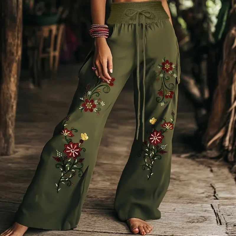 Boho High Waist Lace-Up Wide Leg Pants