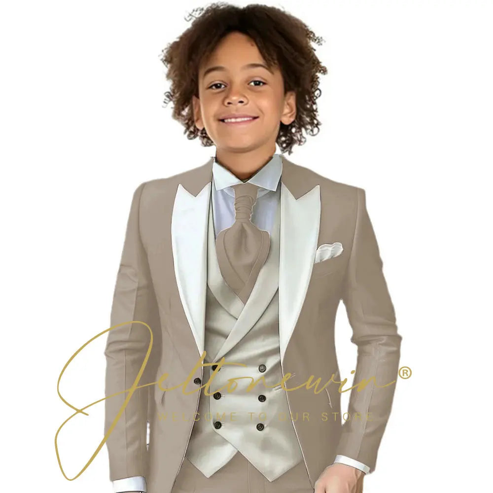 Kids Formal Wedding Suit – Jacket, Pants & Ivory Vest Tuxedo Set
