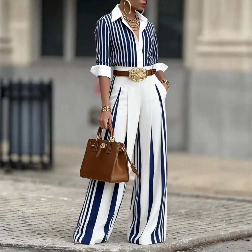 Spring & Autumn Striped 2‑Piece Office Set – Long Sleeve Shirt & Wide Leg Pants with Belt