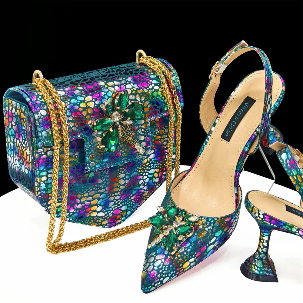 Champagne Color Thin Heels Pointed Toe Crystal Design Ladies Shoes Matching Bag Set