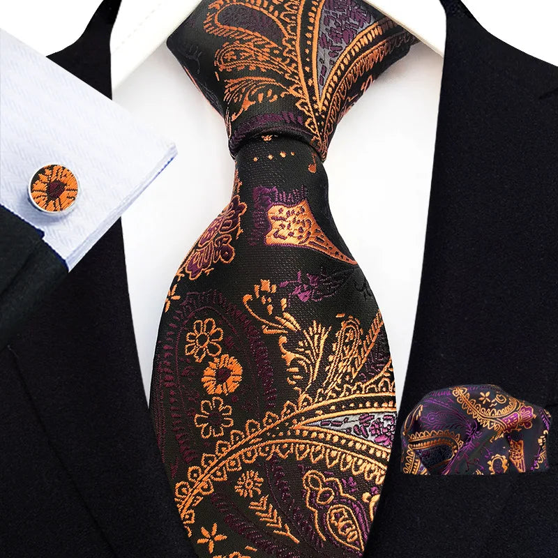 Orange Novelty Ties Plaid Flower Design Wedding Necktie Hanky Cufflinks