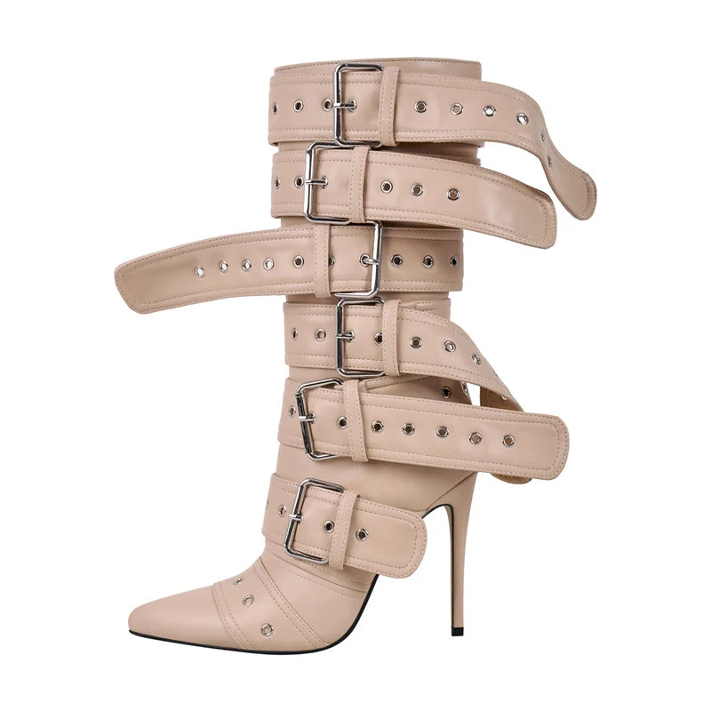 Pointed Toe Mid-Calf Boots Buckle Strap Thin High Heel