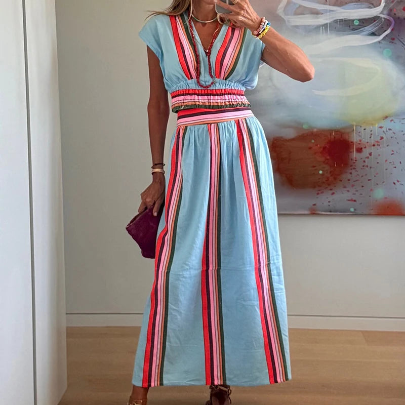 2PCS Women’s Holiday V-Neck Crop Top & Maxi Skirt Set