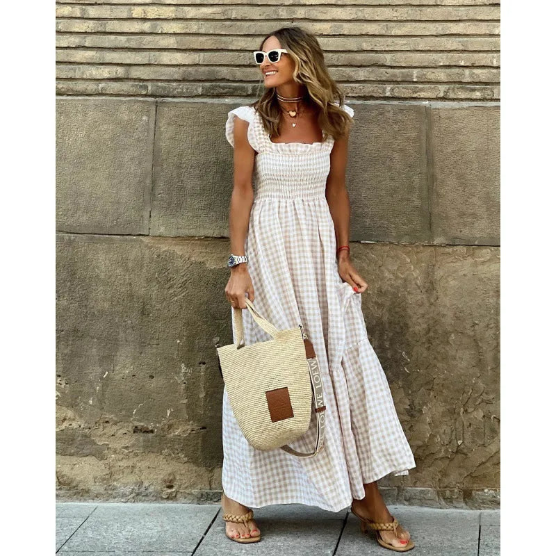Elegant Plaid Slip Maxi Long Dress