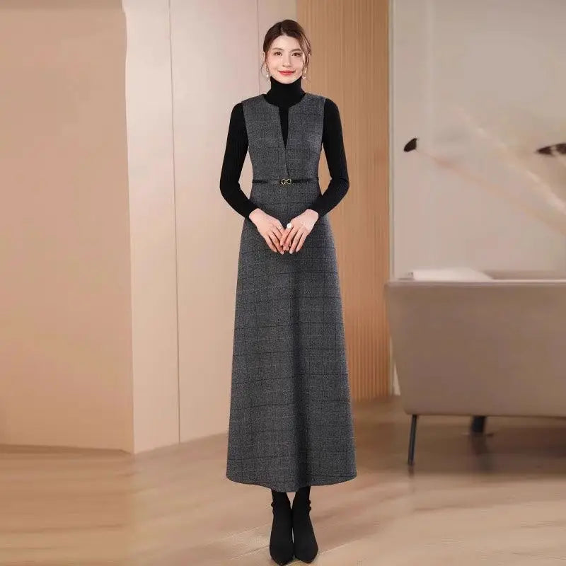 Autumn Winter New Elegant V-Neck Sleeveless High Waist Plaid Woolen Dress