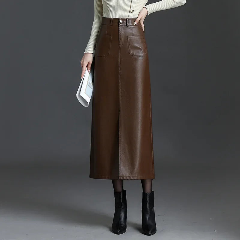 Autumn Winter High Waisted Slim Fit Bodycon PU Leather Skirt