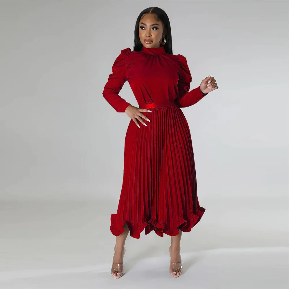 High Neck  Two Piece Fashion Plus Size Pleated Evening Party Dress