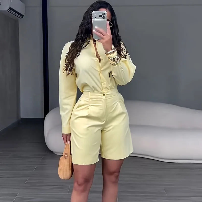 Solid Elegant Two‑Piece Set – Long Sleeve Shirt & Shorts Matching Outfit