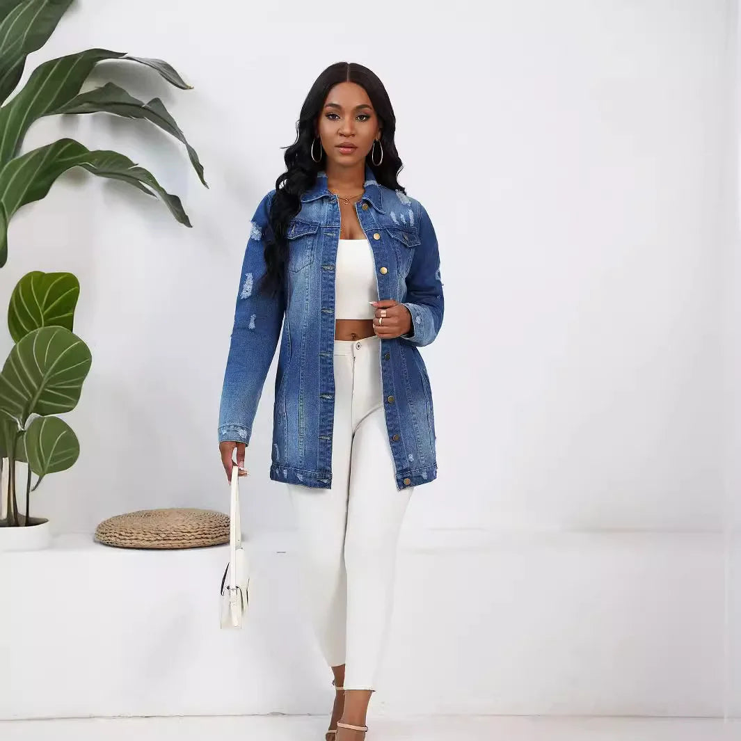 Women’s Mid-Length Denim Coat – Y2K Streetwear, Turn-Down Collar, Single-Breasted Casual Jacket