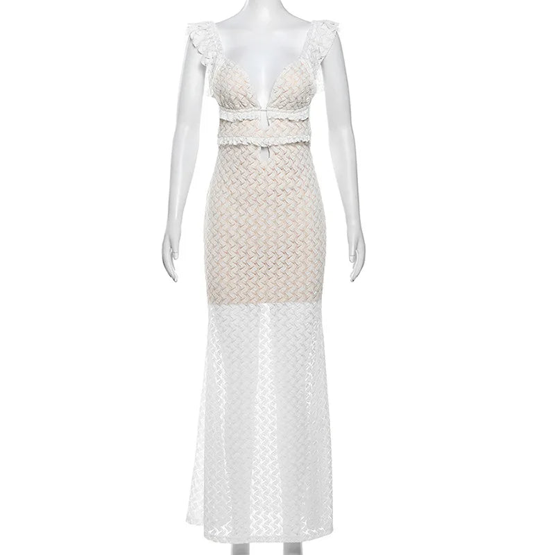 Summer Fashion Solid Color V-neck Backless Lace-up Hollow Slim Stretch Long Dress
