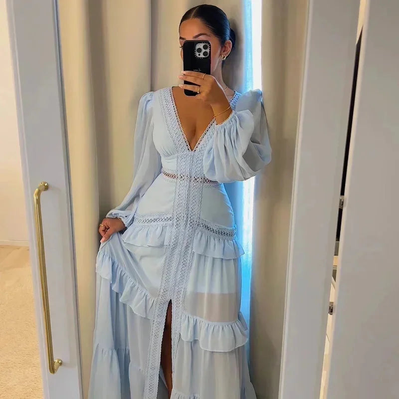 Elegant Hollow Lace  Patchwork Ruffle Deep V Neck Lantern Sleeves Maxi Dresses