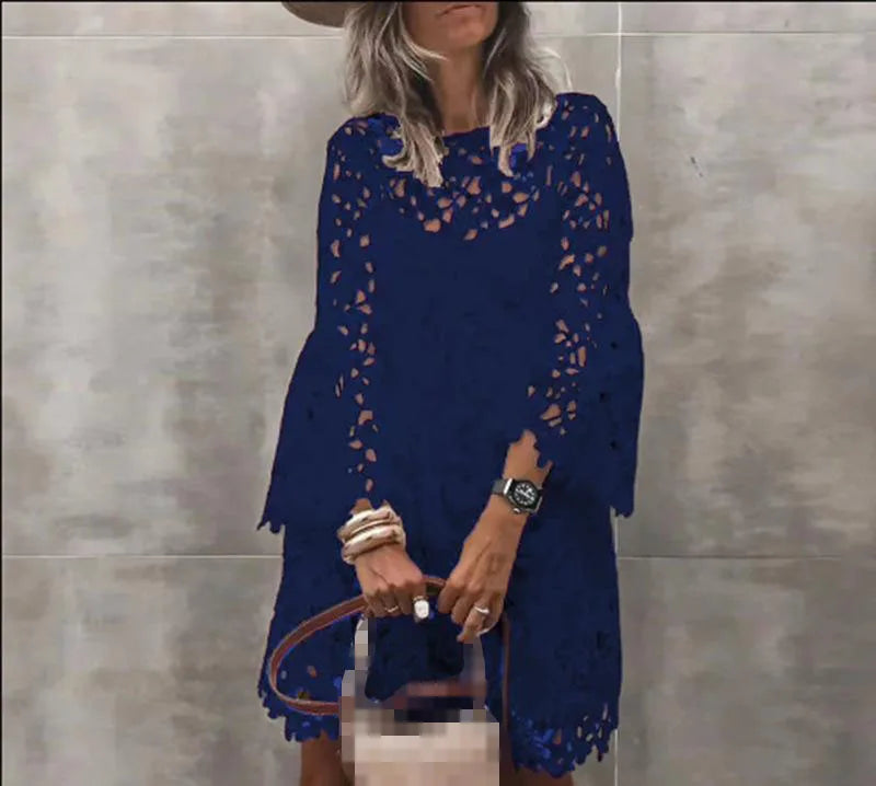 Summer NEthnic Style Sexy Lace Hollow Fashion Printed Temperament Long Sleeve Short Casual Dress