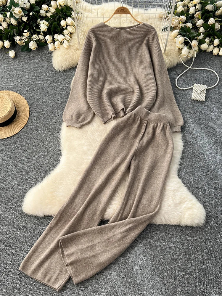 Loose Sweater Tops+High Waist Wide Legs Long Pants