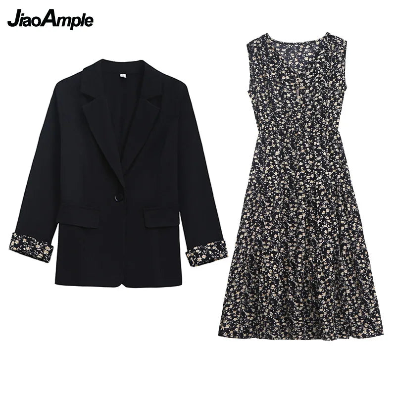 Spring Autumn New Suit Coat Floral Sling Dress Two-pieceJacket Skirt Set