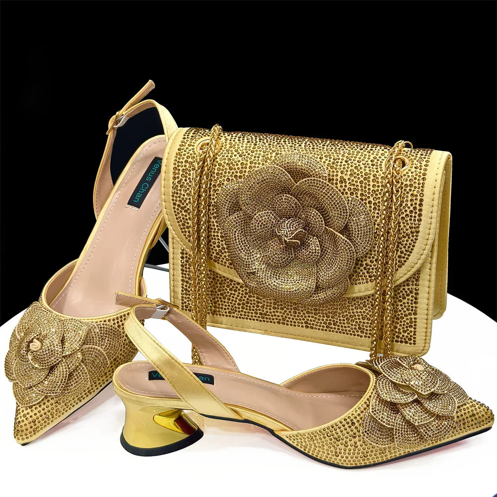Italian Design Evening Shoes And Bags Paired With Handmade Petal Gold Colour Pointed Toe Mid-Heel Shoes For Women Party Shoes