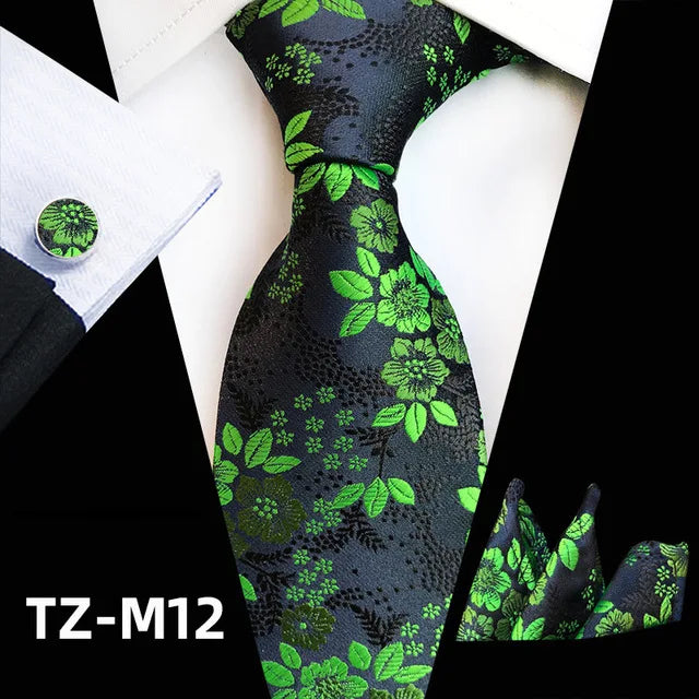 Floral  Neck Tie Set Handkerchief Brooch Cufflinks Men Accessories